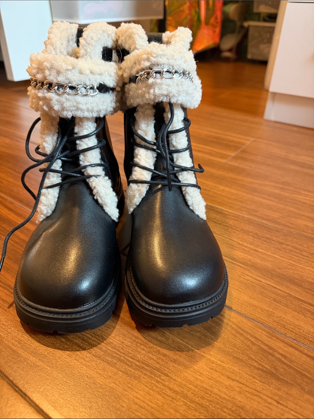 Cozy Sherpa-Trim Lace-Up Black Boots